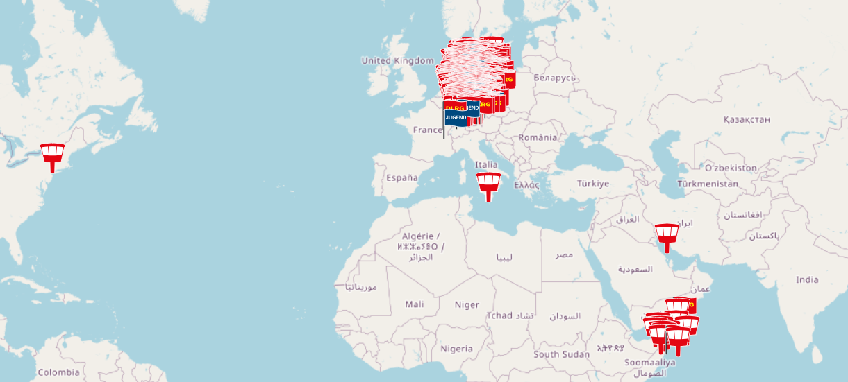 Screenshot der Weltkarte mit Gliederungen und Wasserrettungsstationen. Dabei mit einigen Abweichungen.